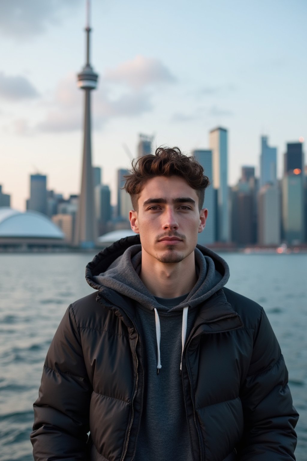 man in Toronto with the CN Tower in the background