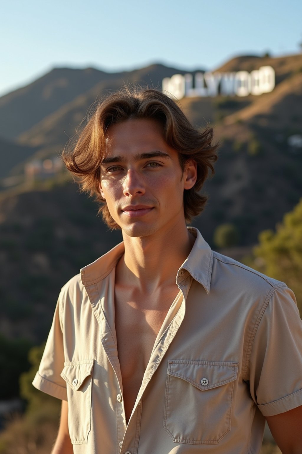 man in Los Angeles with the Hollywood sign in the background