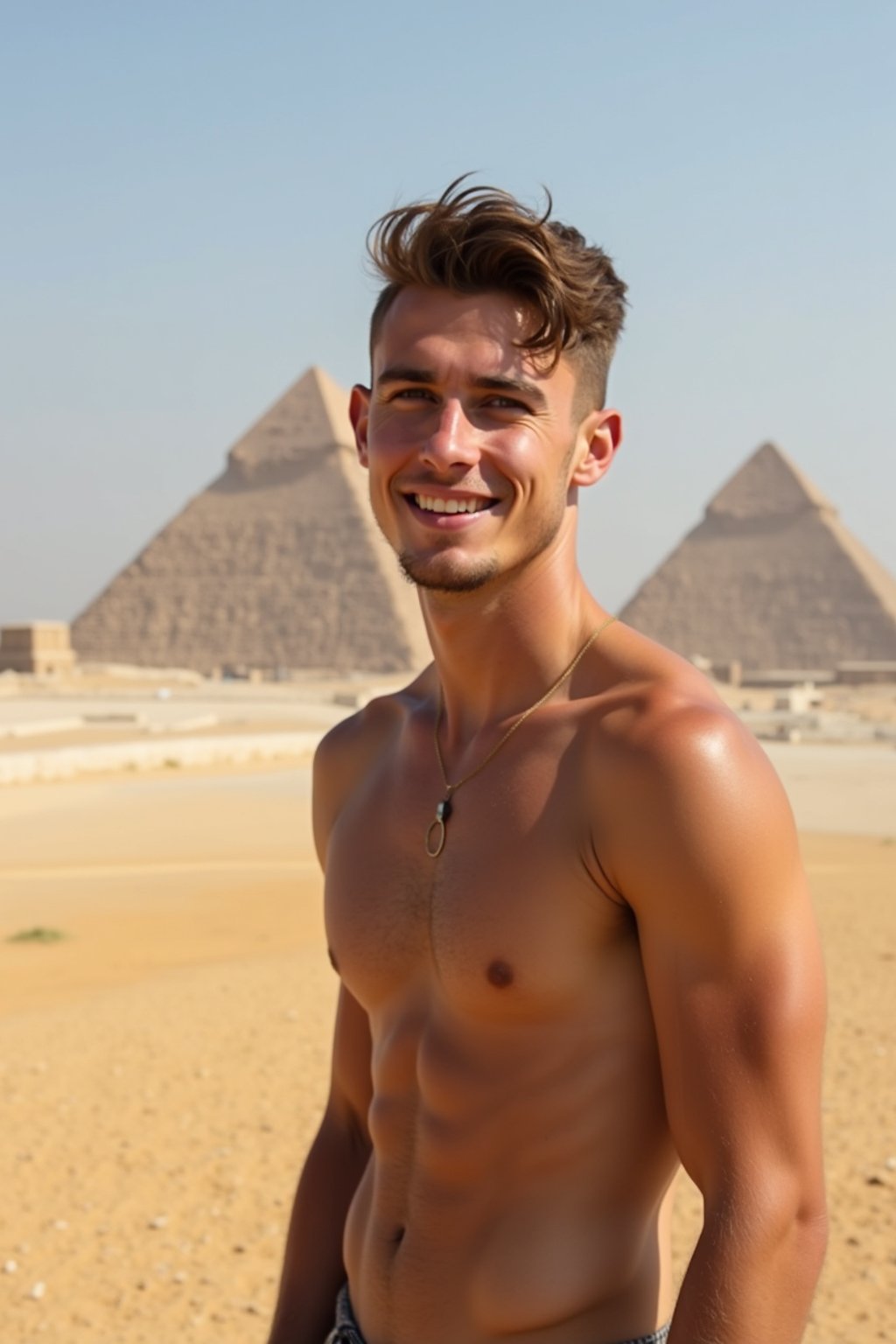 man in Cairo with the Pyramids of Giza in the background