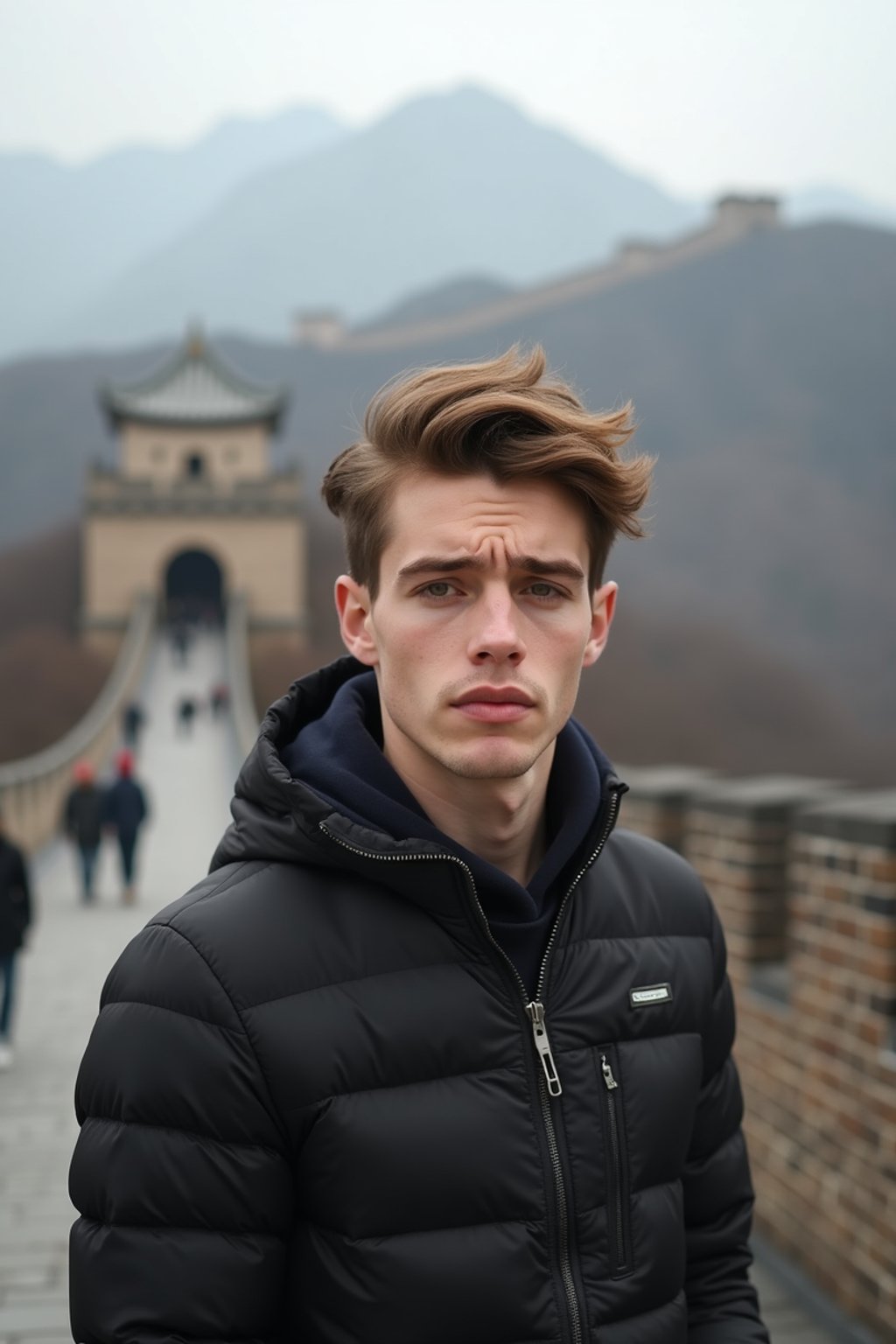 man in Beijing with the Great Wall in the background