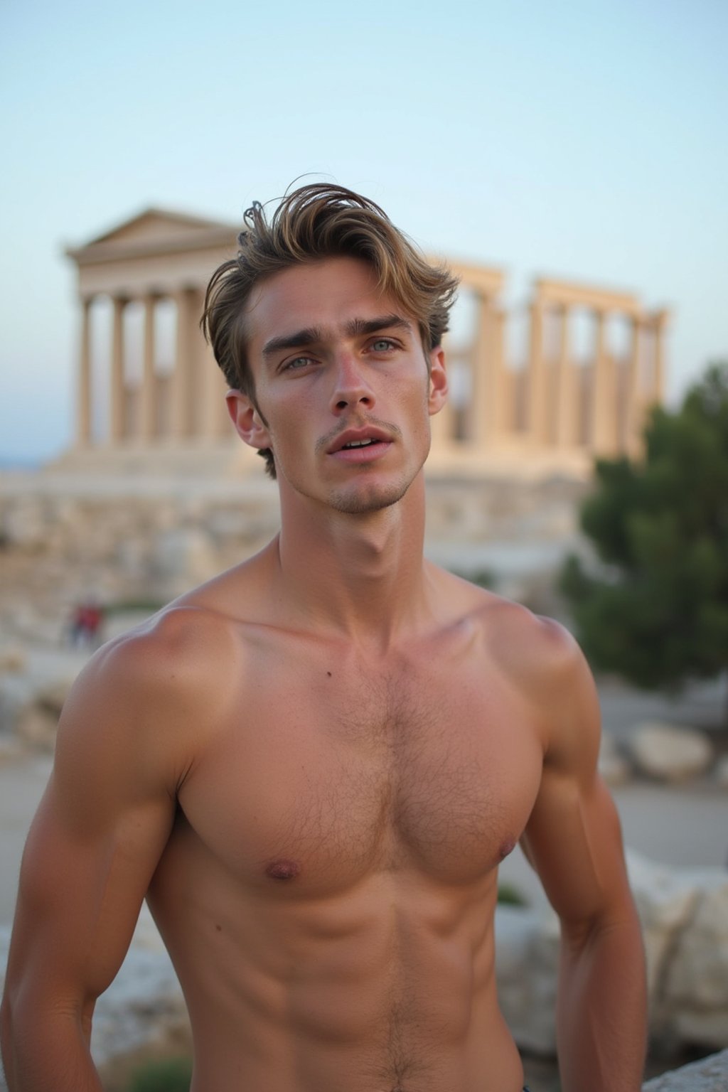 man in Athens with the Acropolis in the background