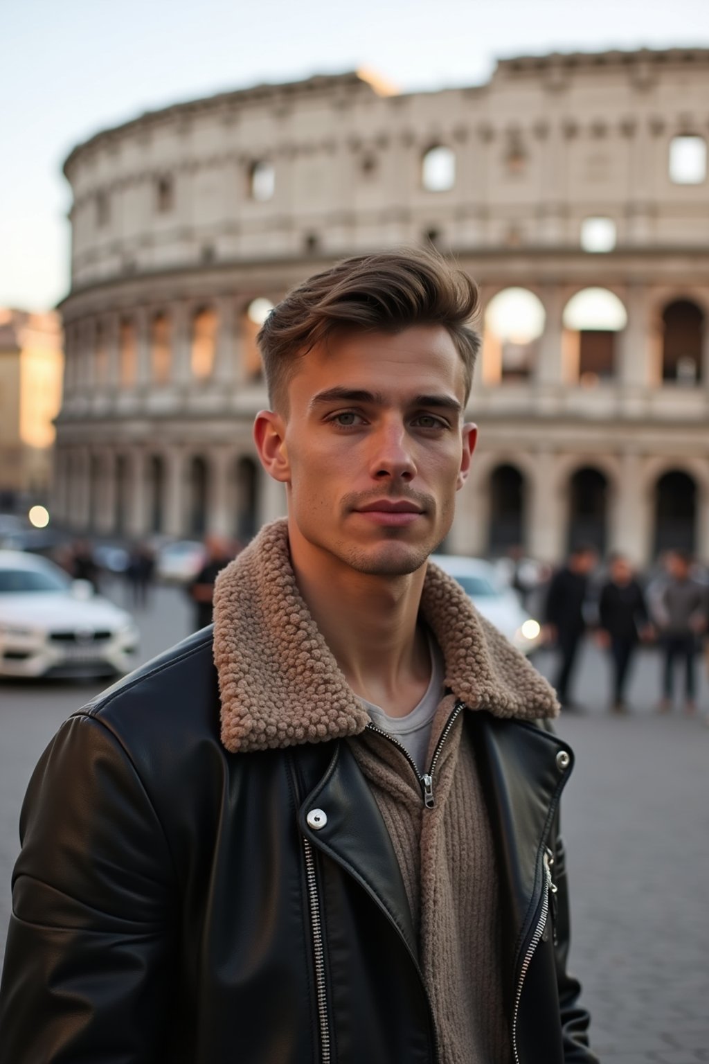 man in Rome with the Colosseum in the background