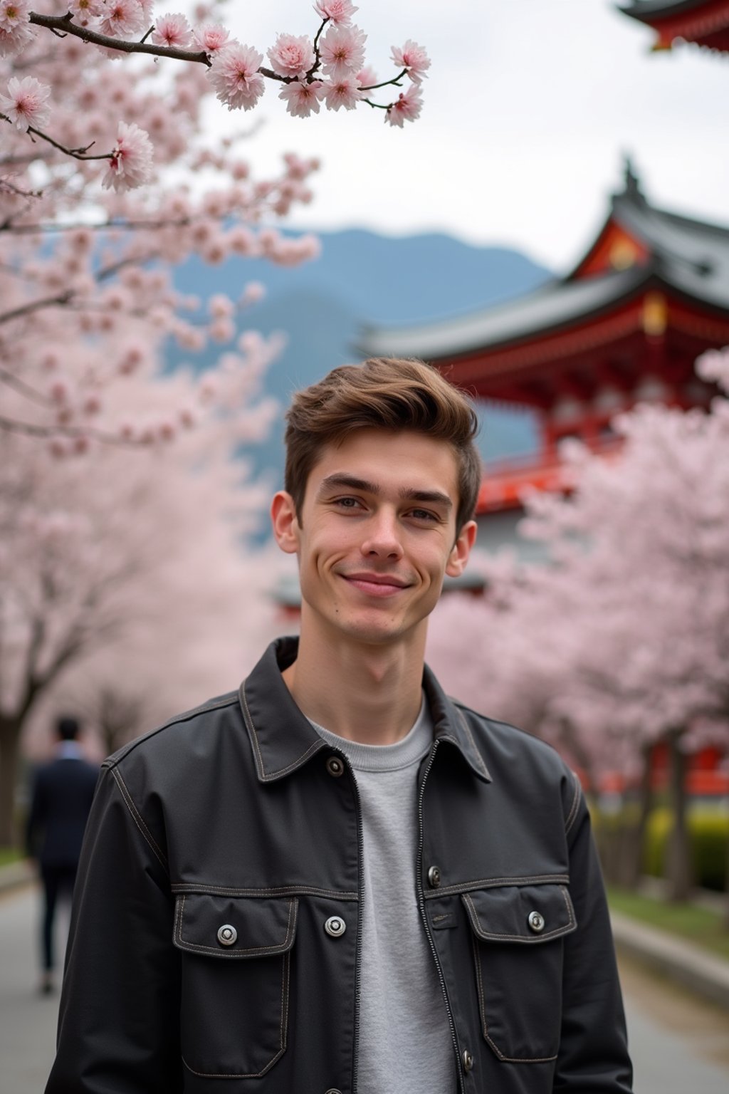 man in Japan with Japanese Cherry Blossom Trees and Japanese temples in background