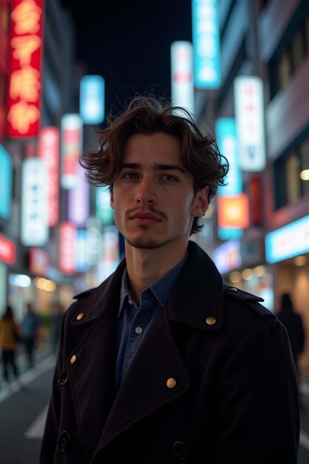 man in Tokyo at night with neon lights