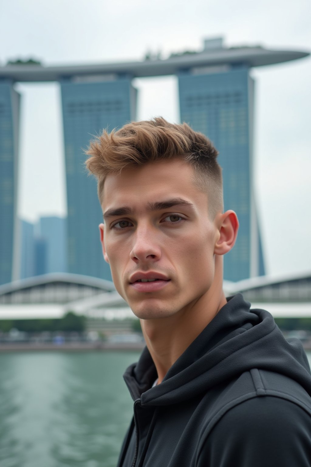 man in Singapore with Marina Bay Sands in background