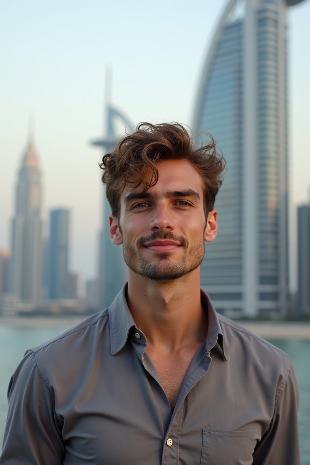 man in Dubai with skyline in background