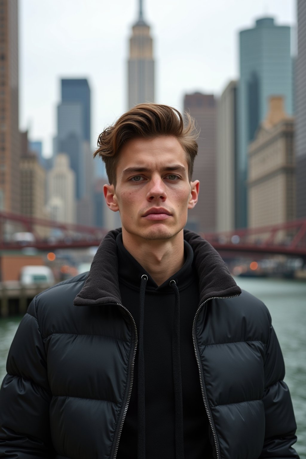 man in New York City with Manhattan in background