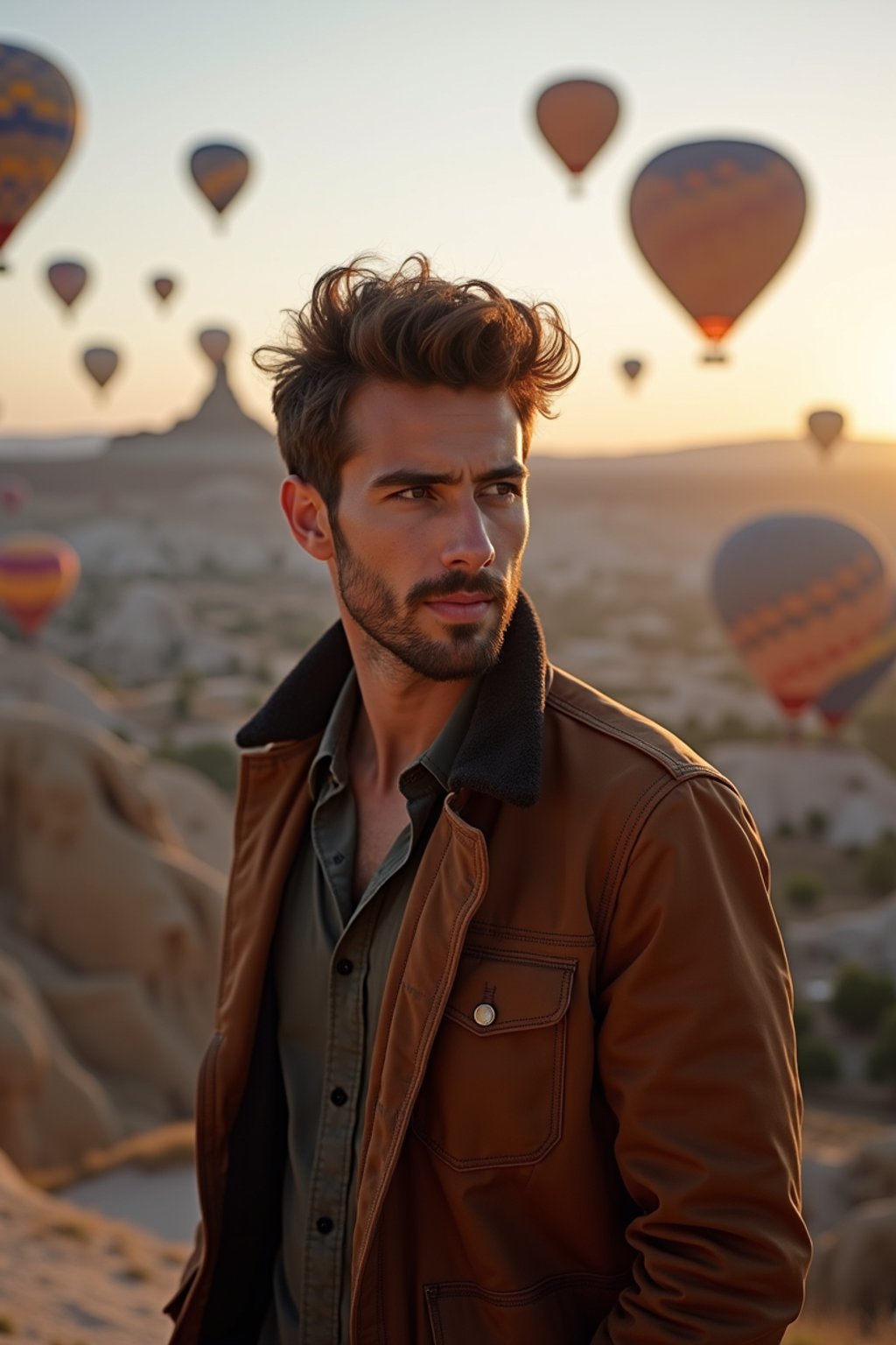 Breathtakingly man with hot air balloons in the background in cappadocia, Türkiye. Cappadocia, Turkey