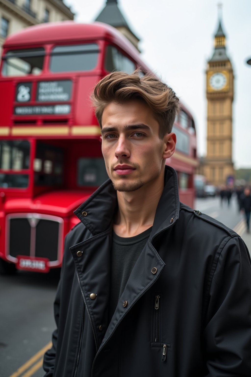 man in London with Double Decker Bus in background