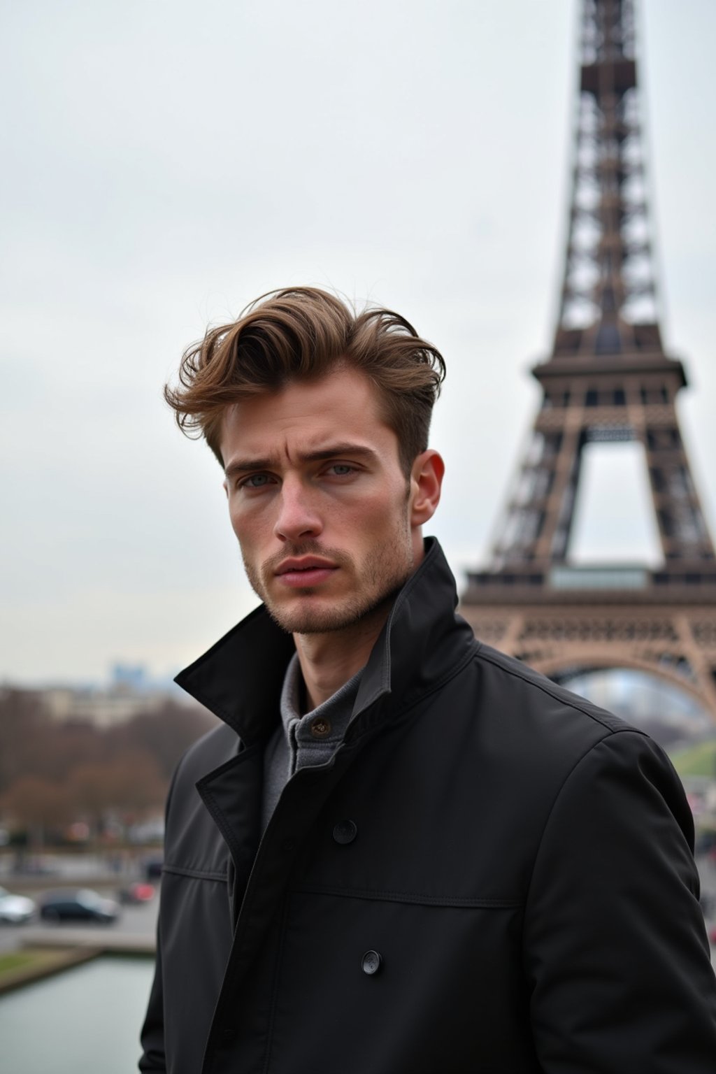 man in Paris with the Eiffel Tower in background