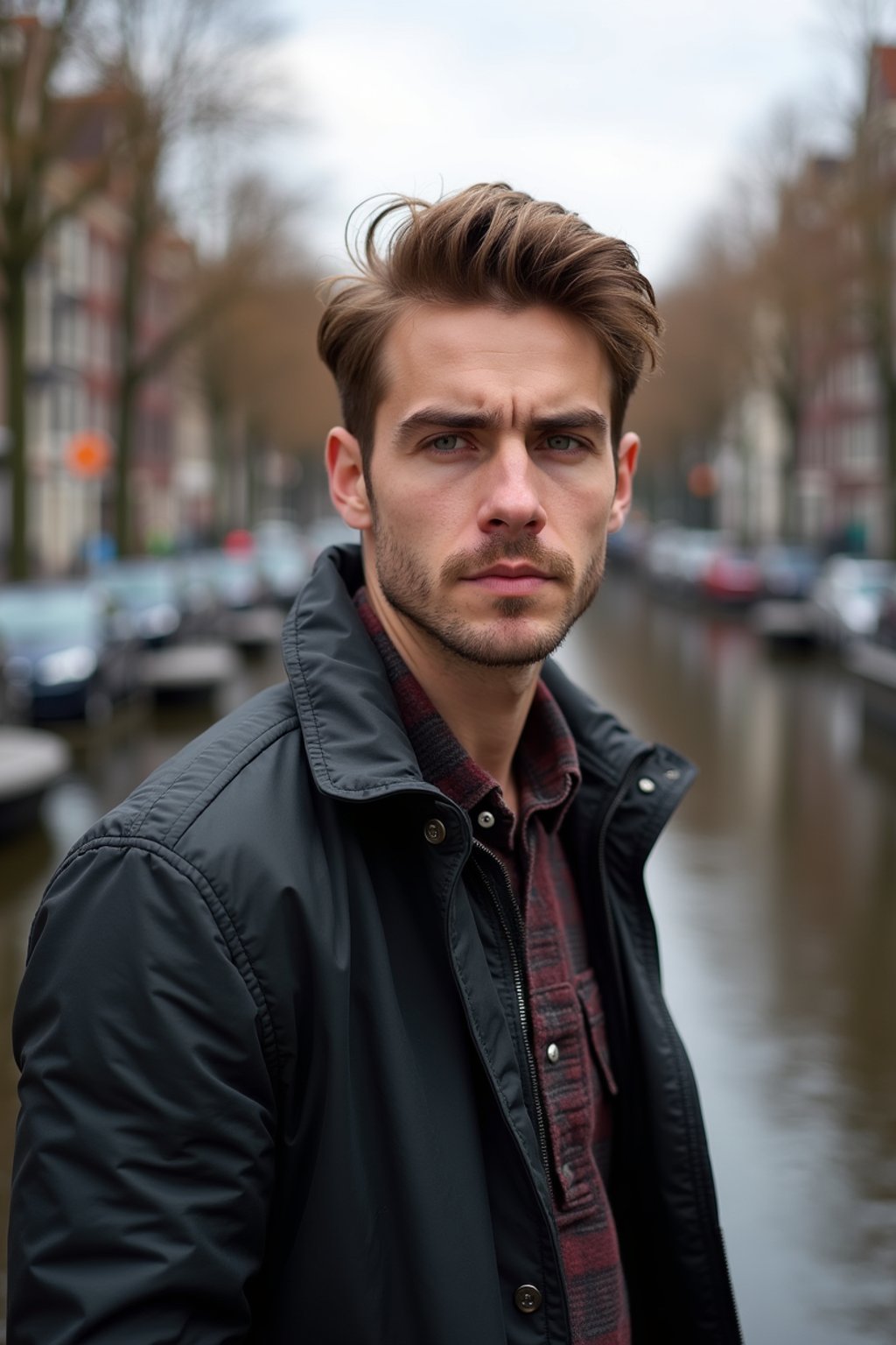 man in Amsterdam with the Amsterdam Canals in background