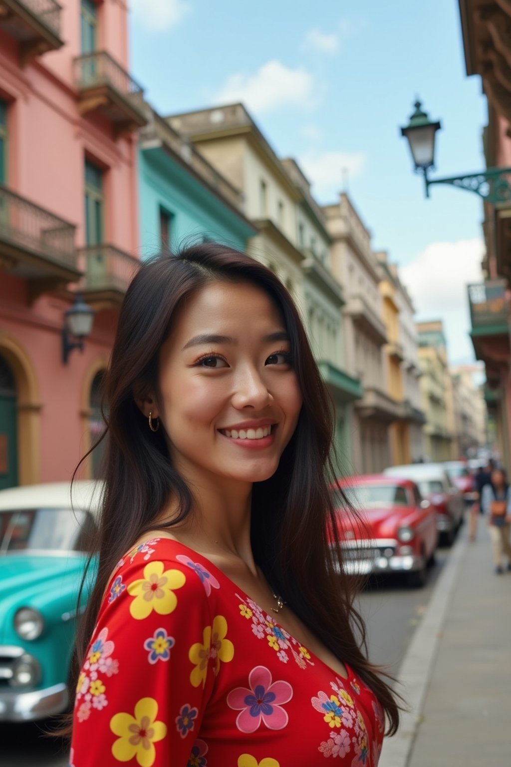 woman in Havana with the colorful old town in the background