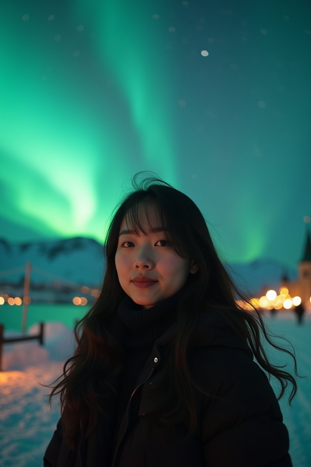 woman in Reykjavik with the Northern Lights in the background