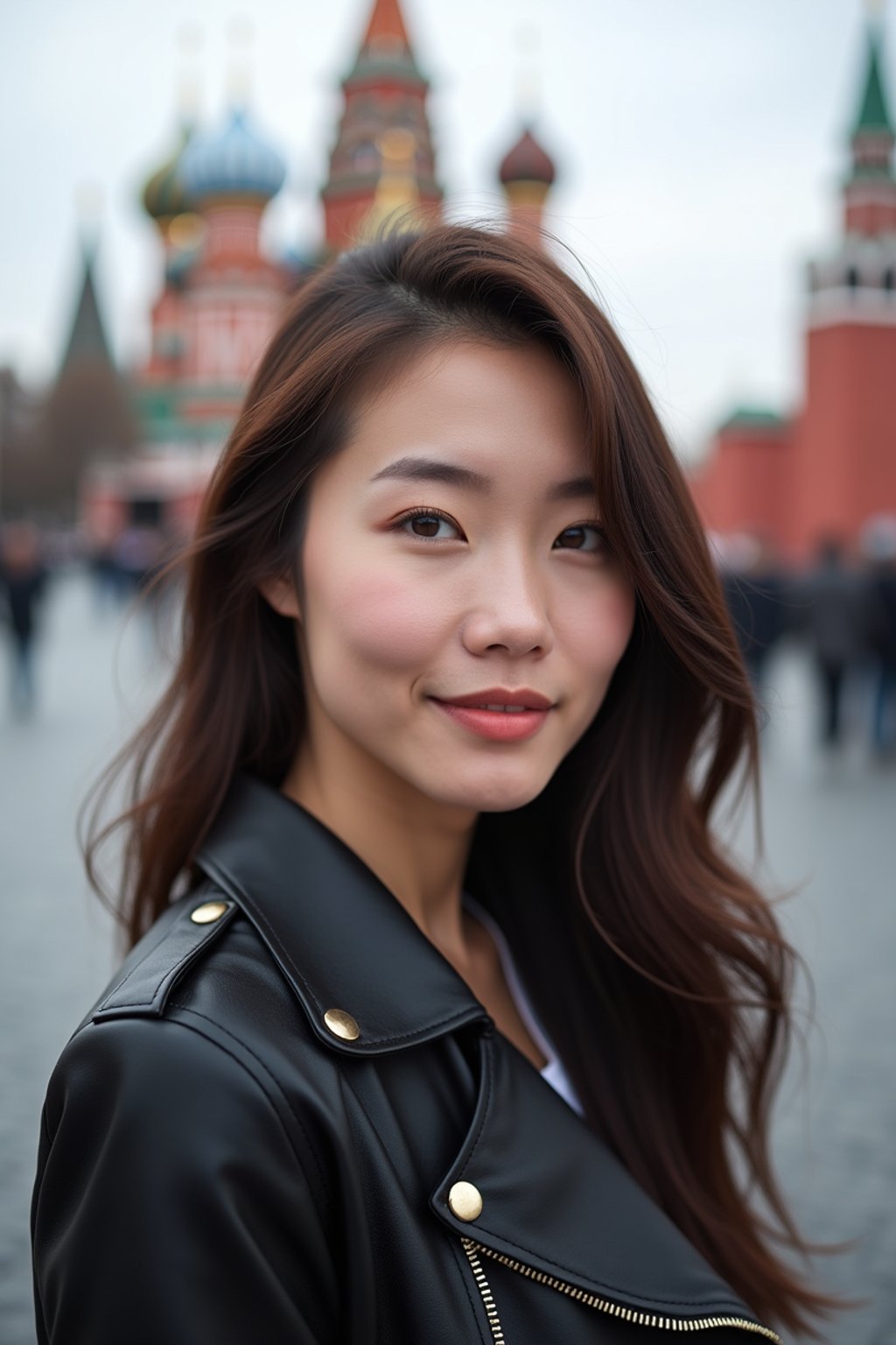 woman in Moscow with the Kremlin in the background