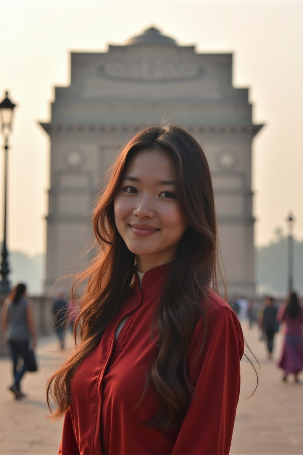 woman in Delhi with the India Gate in the background