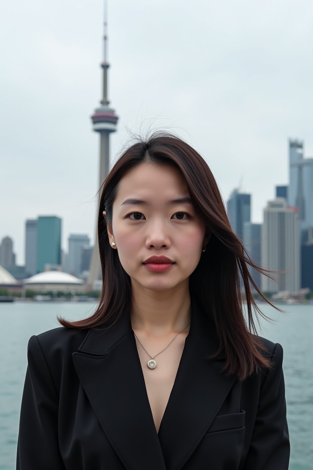 woman in Toronto with the CN Tower in the background