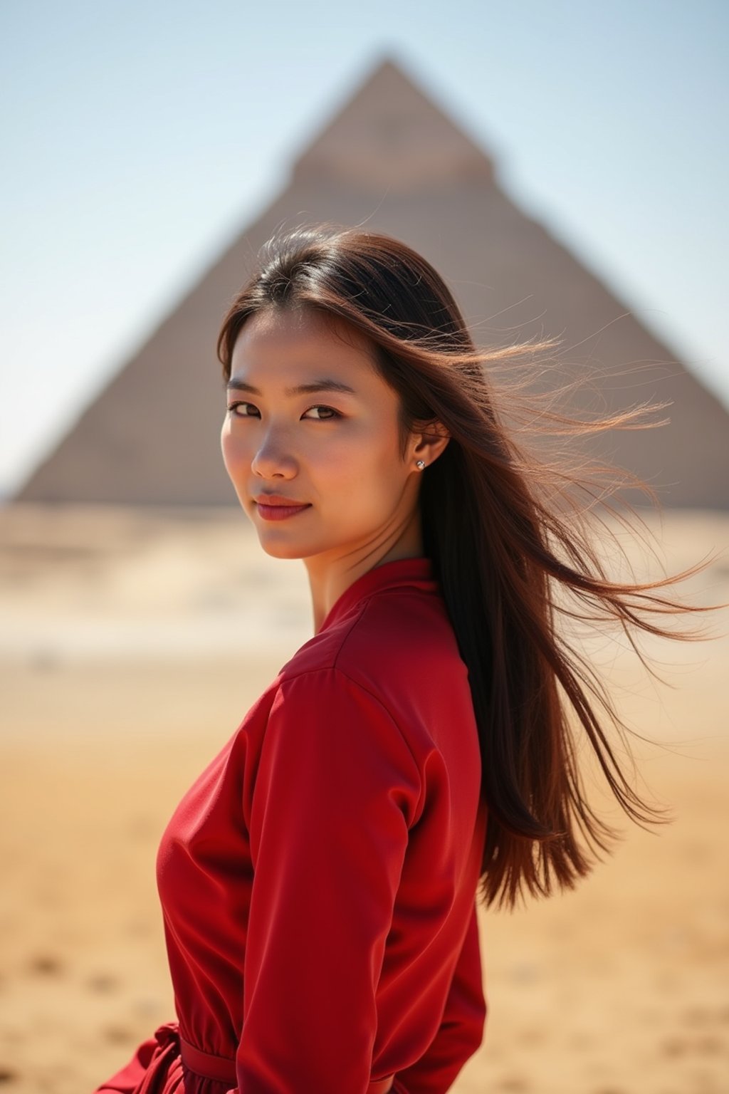 woman in Cairo with the Pyramids of Giza in the background