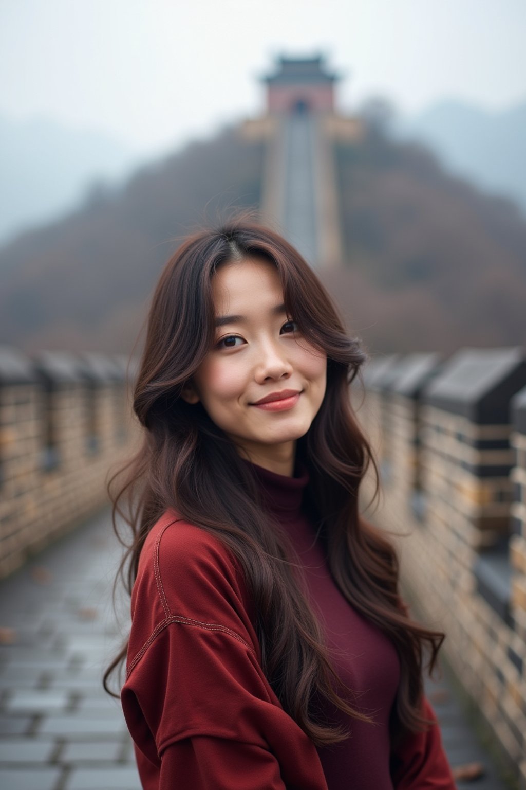 woman in Beijing with the Great Wall in the background