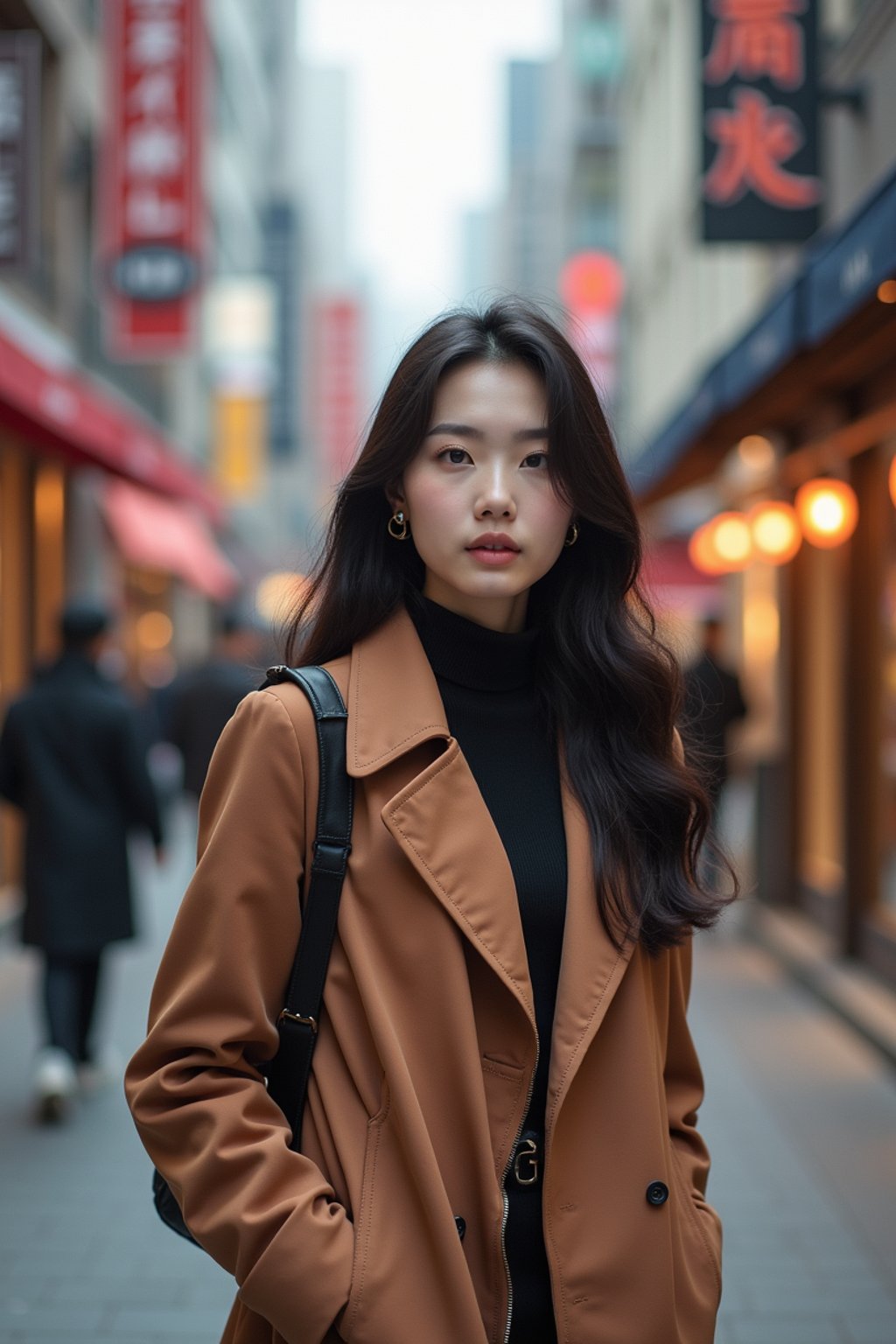 woman in Seoul in Gangnam in Cheongdamdong Luxury Shopping street. stores visible in background