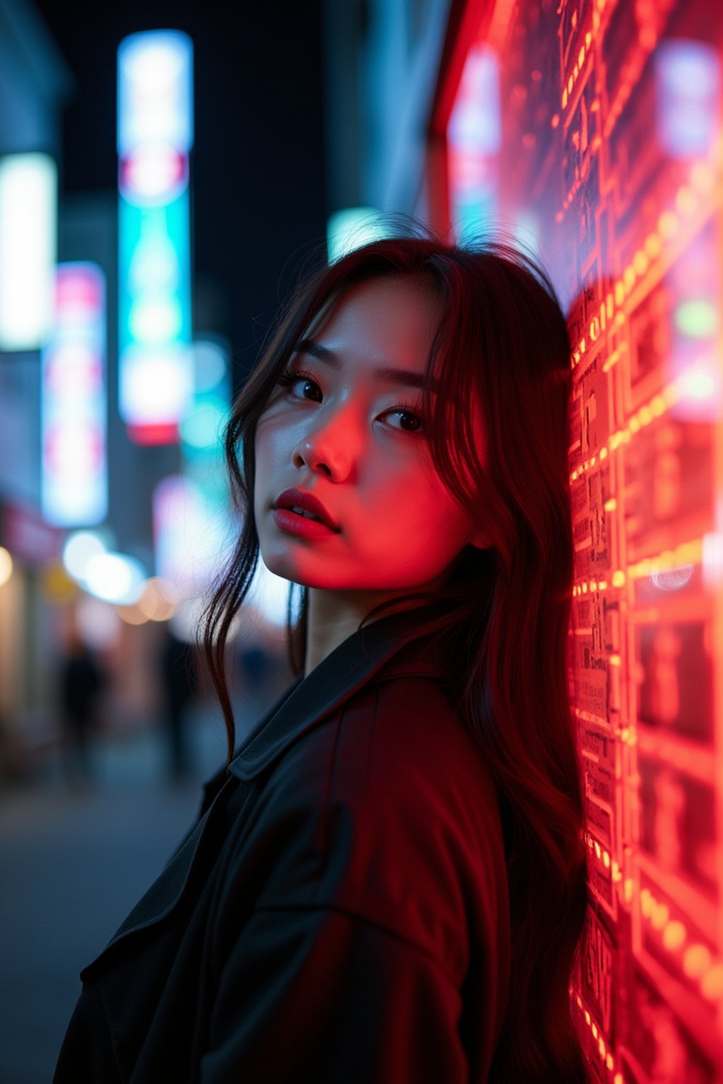 woman in Tokyo at night with neon lights