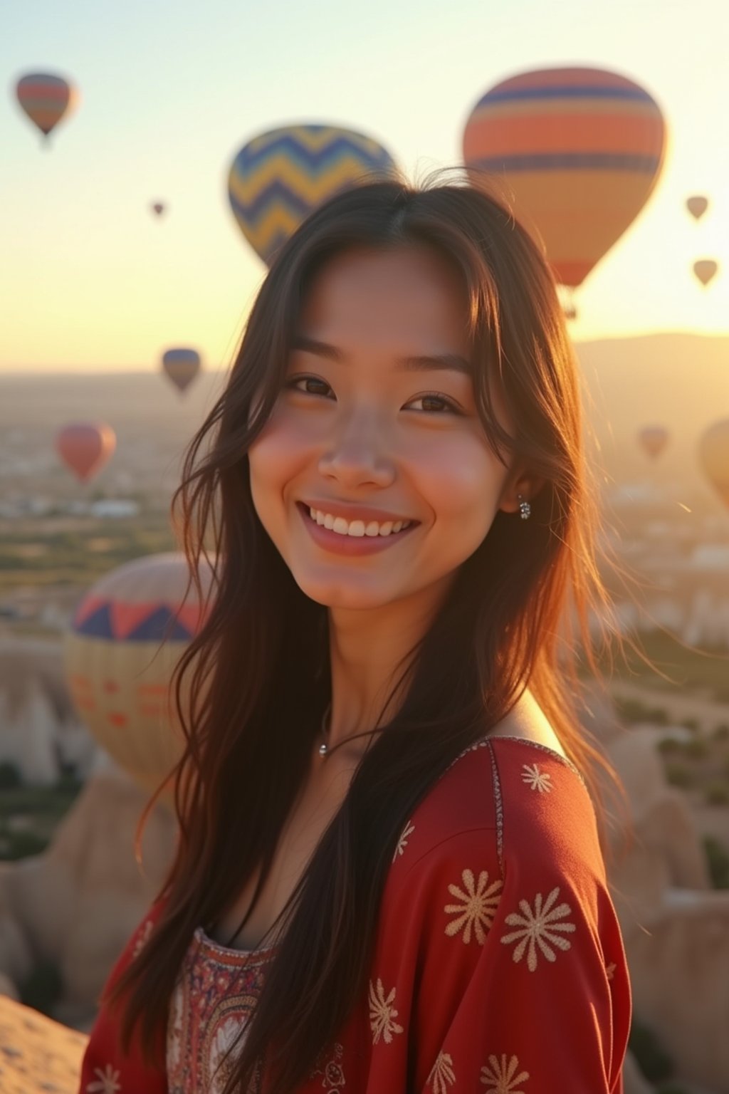 Breathtakingly woman with hot air balloons in the background in cappadocia, Türkiye. Cappadocia, Turkey