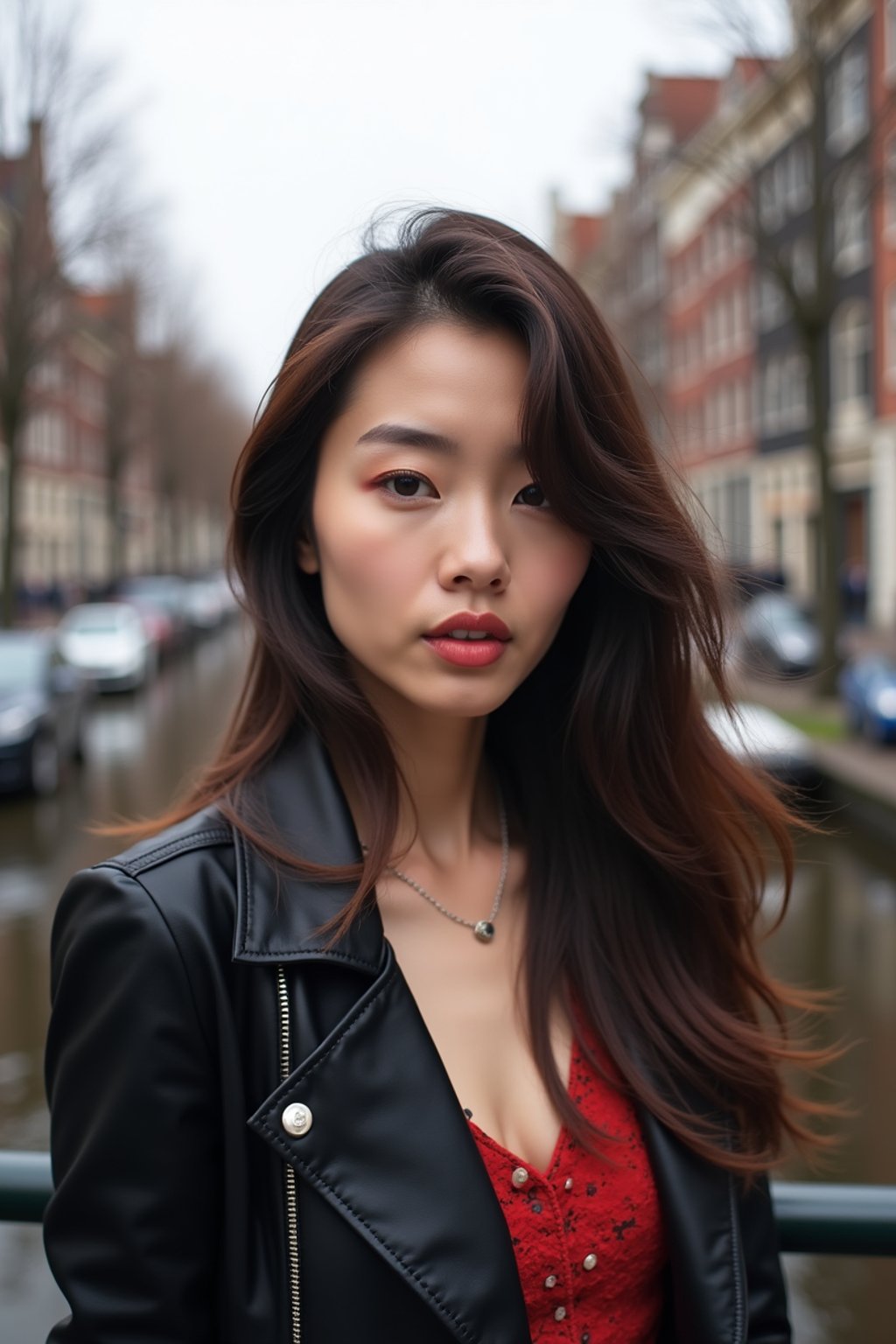 woman in Amsterdam with the Amsterdam Canals in background