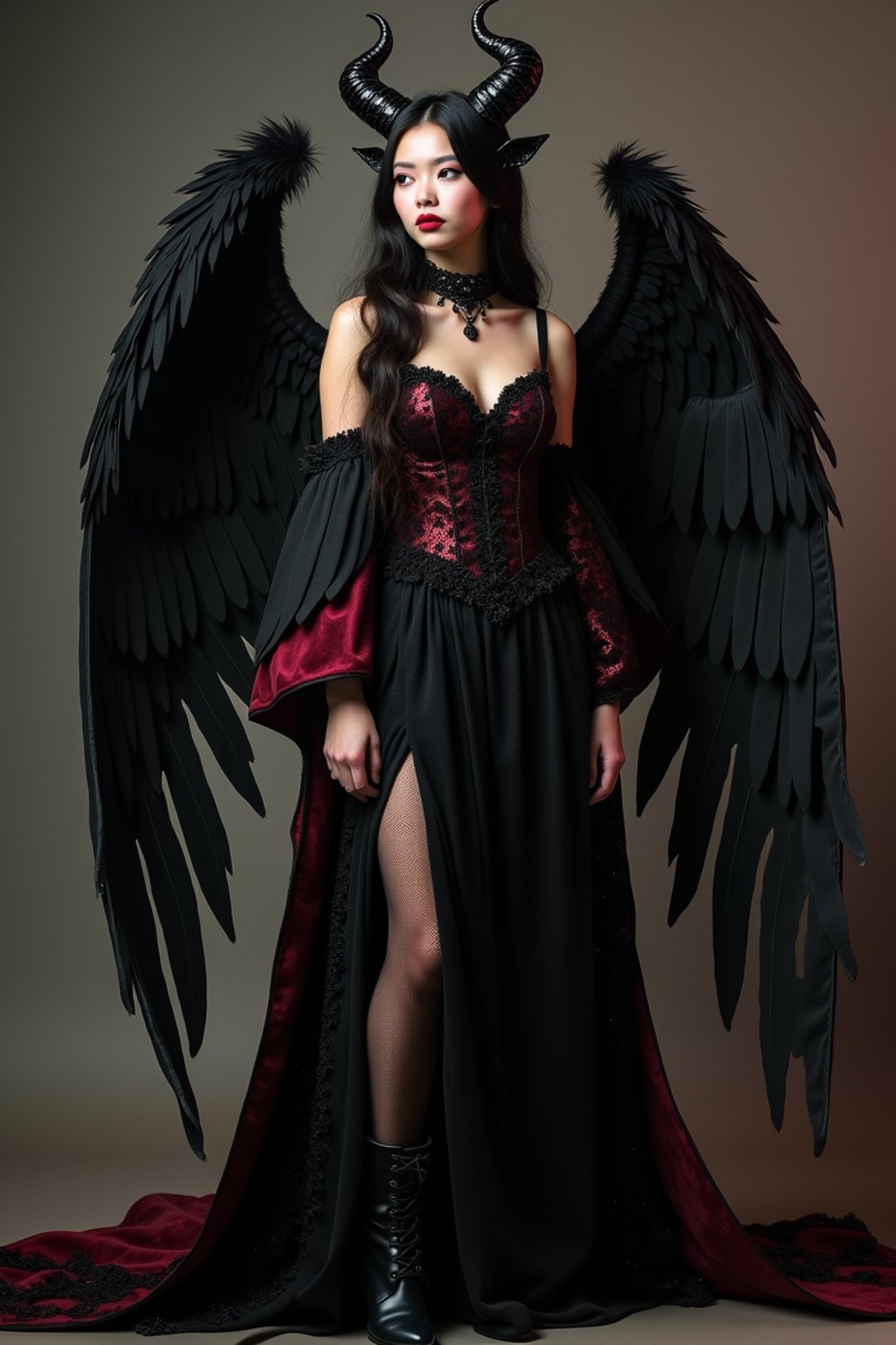 a woman dressed as an angel poses for a picture, dark angel, angel knight gothic girl, dark gothic dress, very sexy devil outfit, full body devil woman, gothic woman dressed in black and red, megan fox witch queen, raven winged female vampire, villainess has black angel wings, gothic outfit, tall female angel, gothic dress, fallen angel, winged woman angel, fishnet stockings