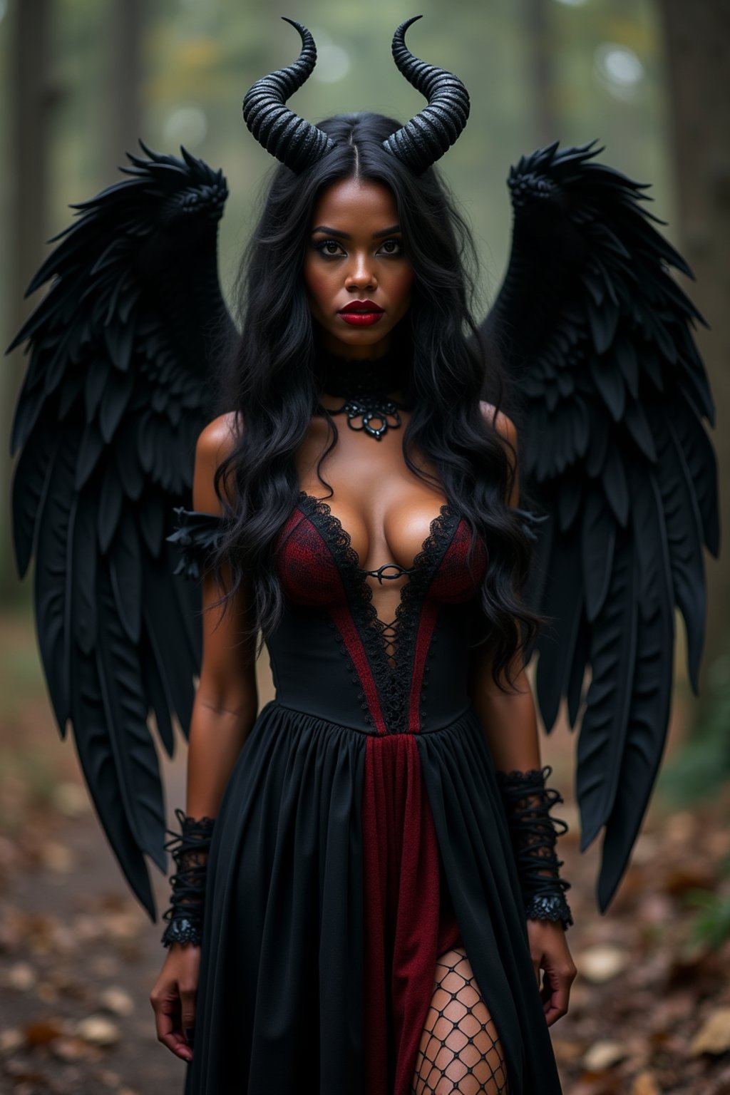 a woman dressed as an angel poses for a picture, dark angel, angel knight gothic girl, dark gothic dress, very sexy devil outfit, full body devil woman, gothic woman dressed in black and red, megan fox witch queen, raven winged female vampire, villainess has black angel wings, gothic outfit, tall female angel, gothic dress, fallen angel, winged woman angel, fishnet stockings