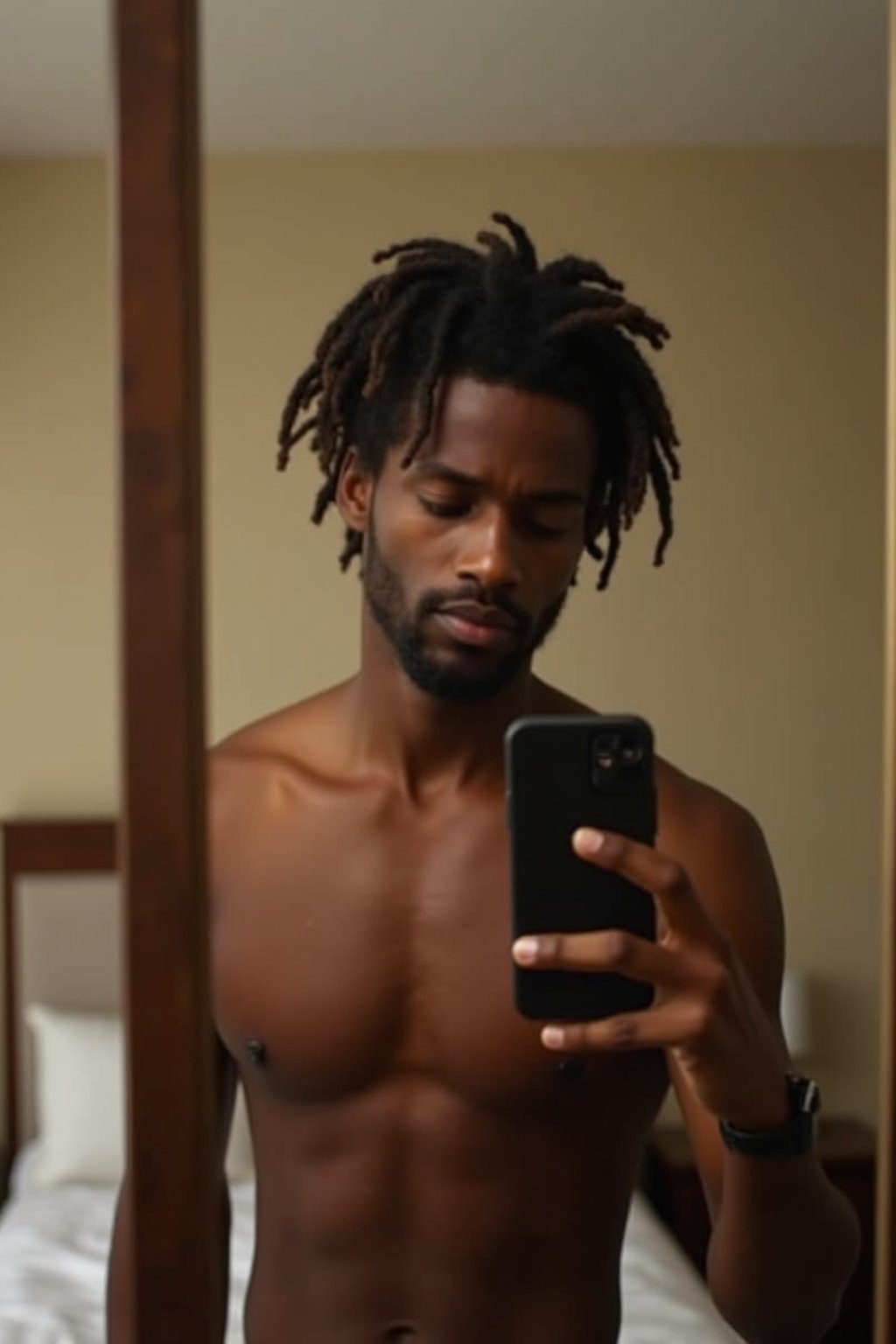 beautiful man taking a selfie in bedroom mirror