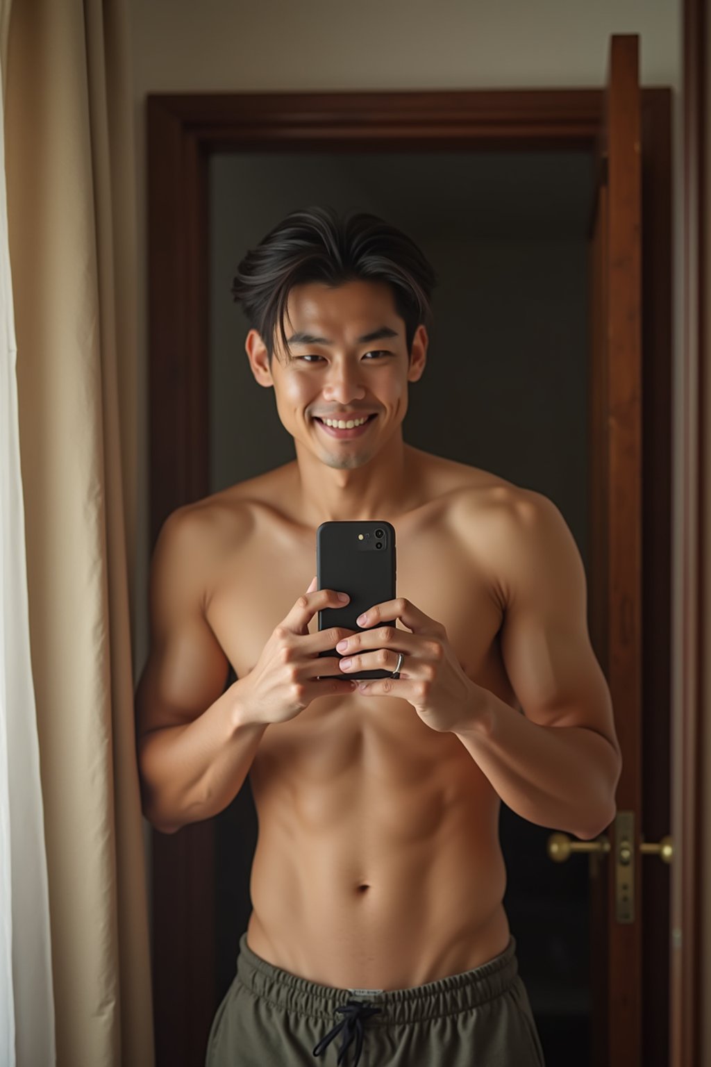 beautiful man taking a selfie in bedroom mirror