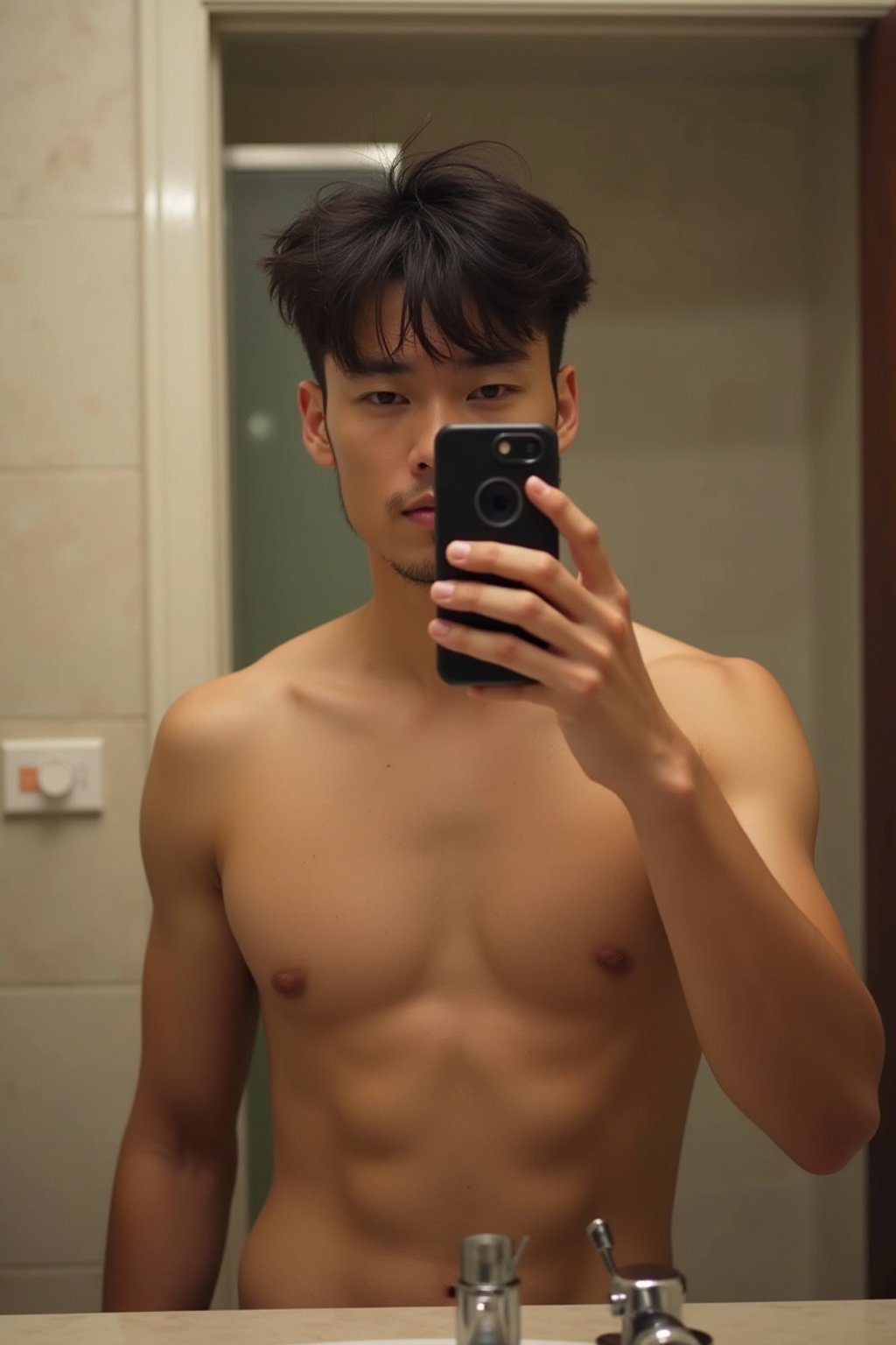 beautiful man taking a selfie in bathroom mirror