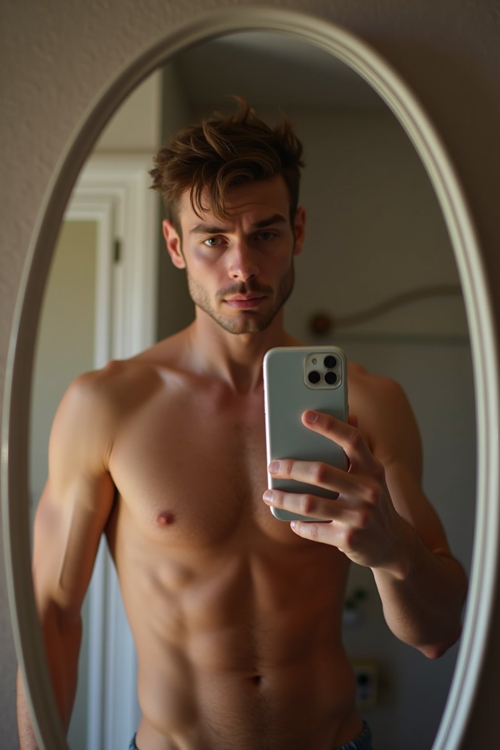 beautiful man taking a selfie in bedroom mirror