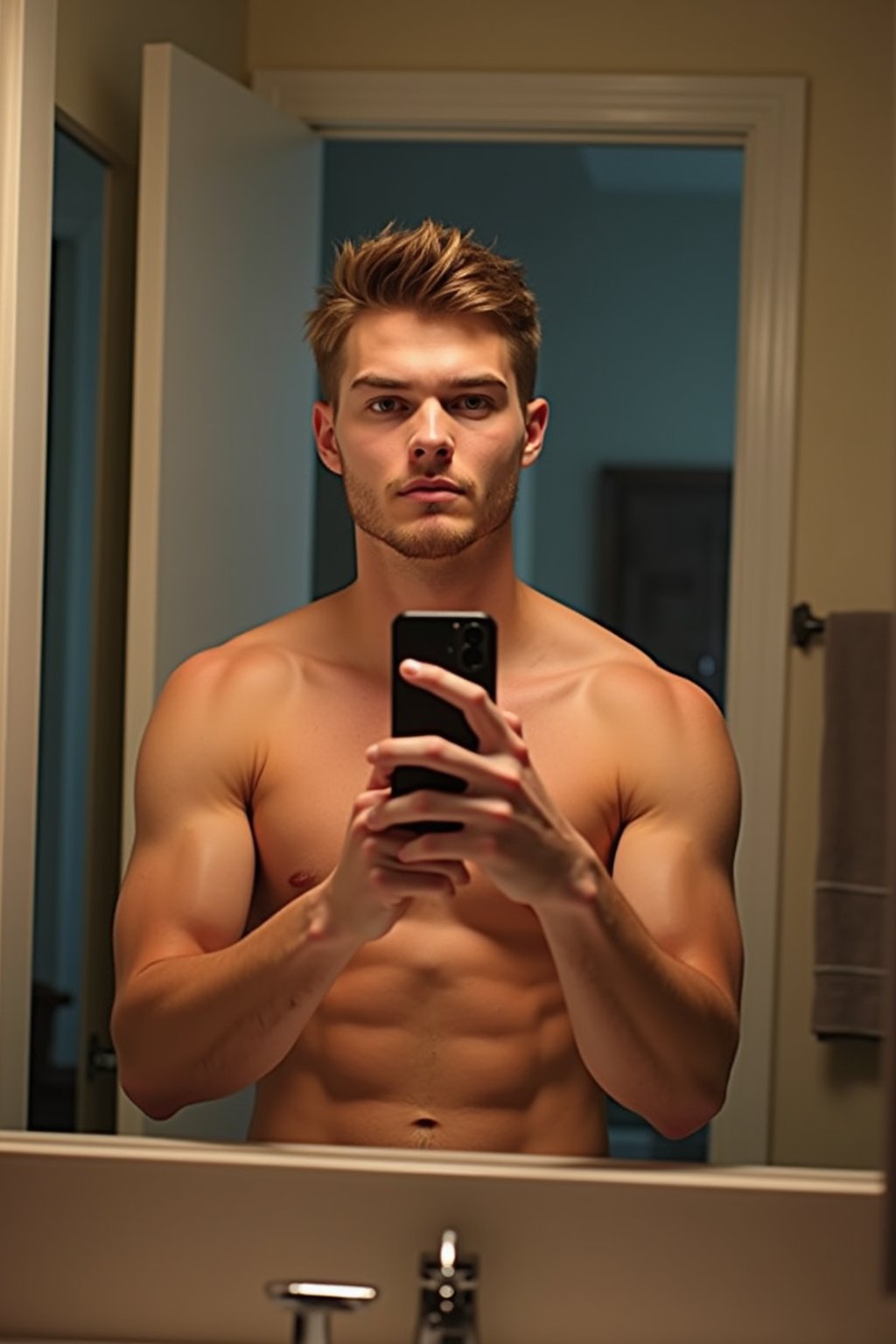 beautiful man taking a selfie in bathroom mirror