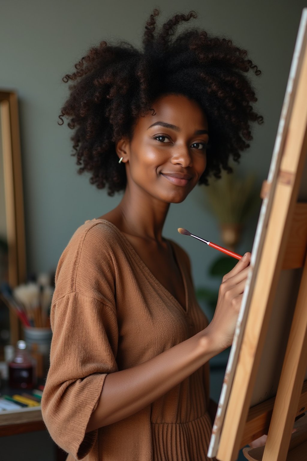 a woman as artistic painter in  art studio with wooden easel and paint