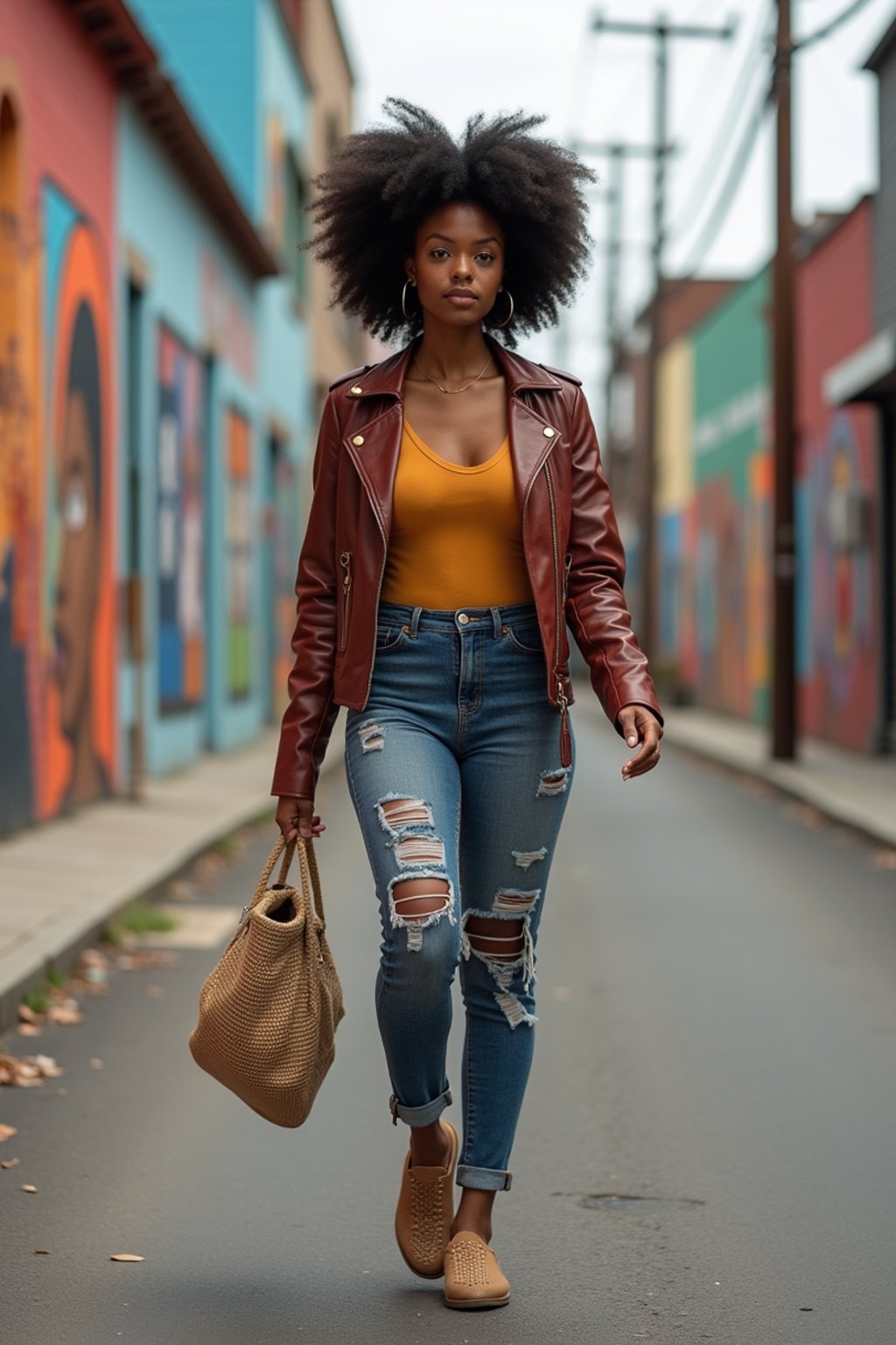 woman wearing a trendy outfit, walking down a street lined with colorful murals