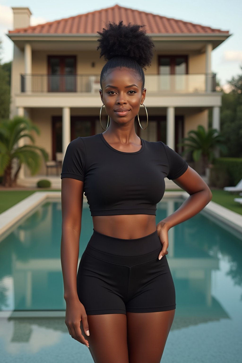 woman 90s hairbun wearing skintight skin tight (black yoga shorts) wearing a cropped top, feminine slim figure, wearing a cropped top a t-shirt, masculine figure, wearing a t-shirt, hourglass figure,  very woman, in front of luxury villa, black yoga shorts , sexy, beautiful, woman