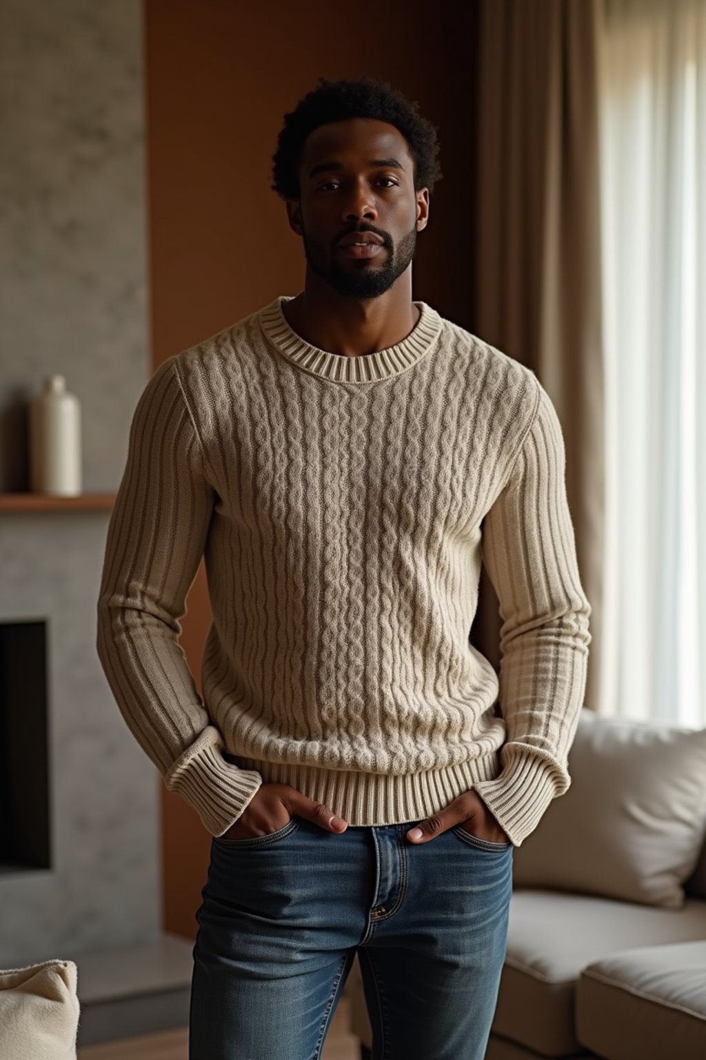 a man wearing knitted sweater) in luxury villa living room, instagram photo, instagram,  fit body