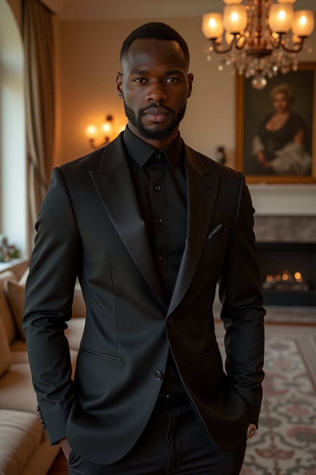 a man wearing  black suit in luxury villa living room, instagram photo, instagram,  fit body