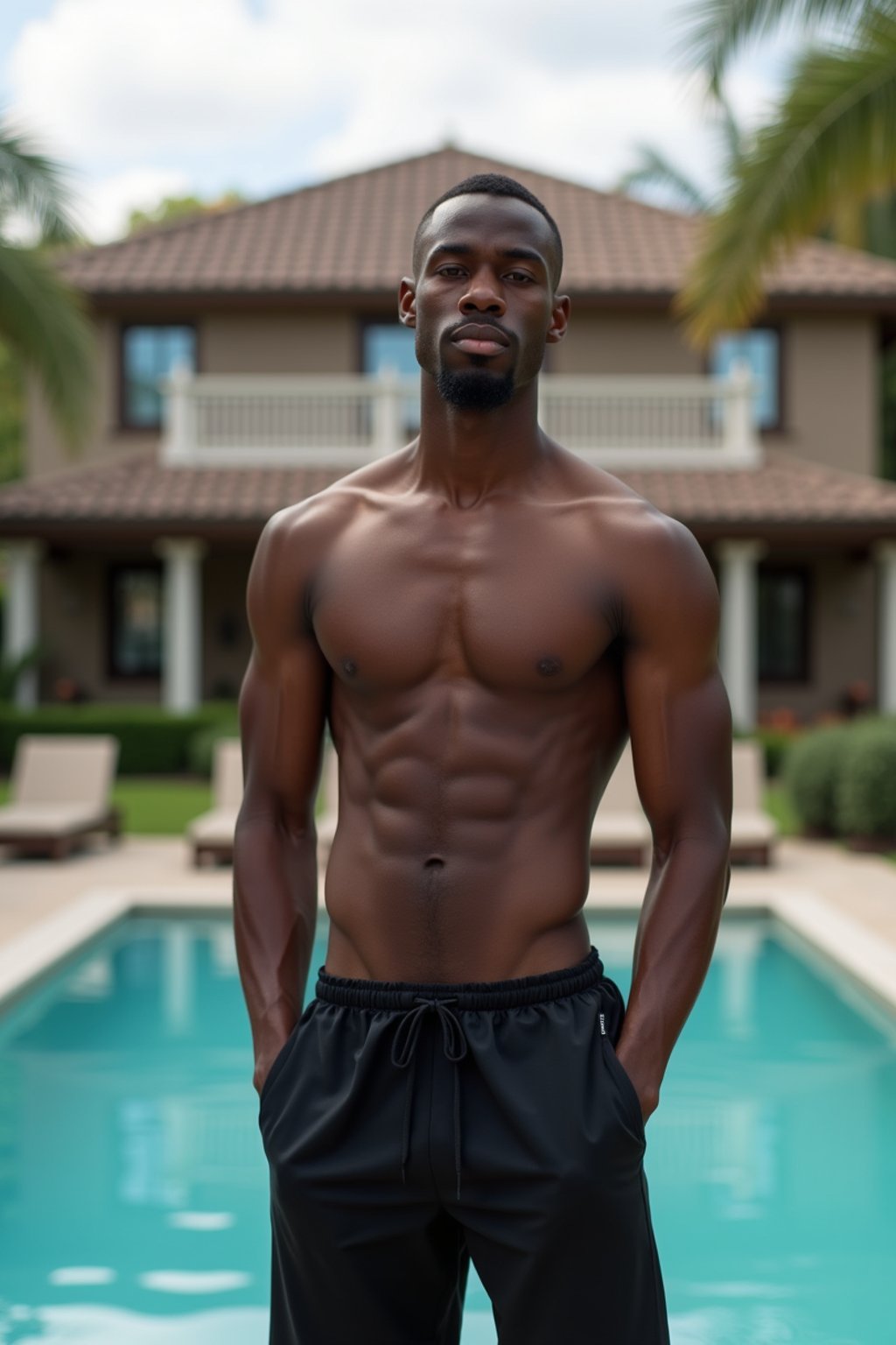 man wearing black   swim shorts in front of luxury villa