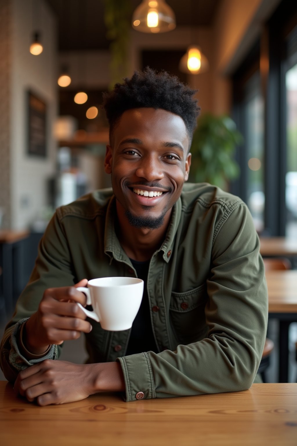 man in a trendy café, holding a freshly brewed cup of coffee