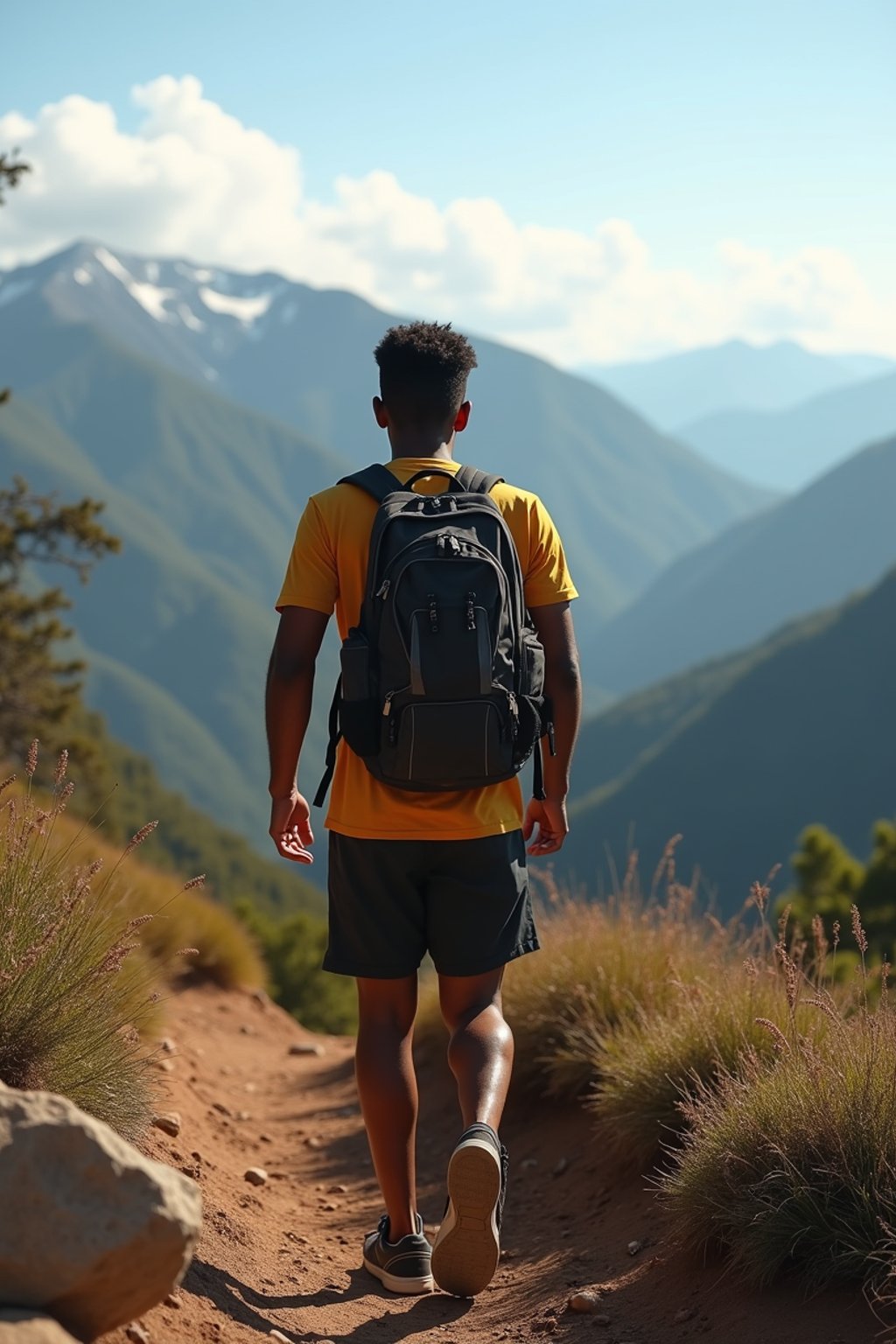 man on a hiking trail, overlooking a breathtaking mountain landscape