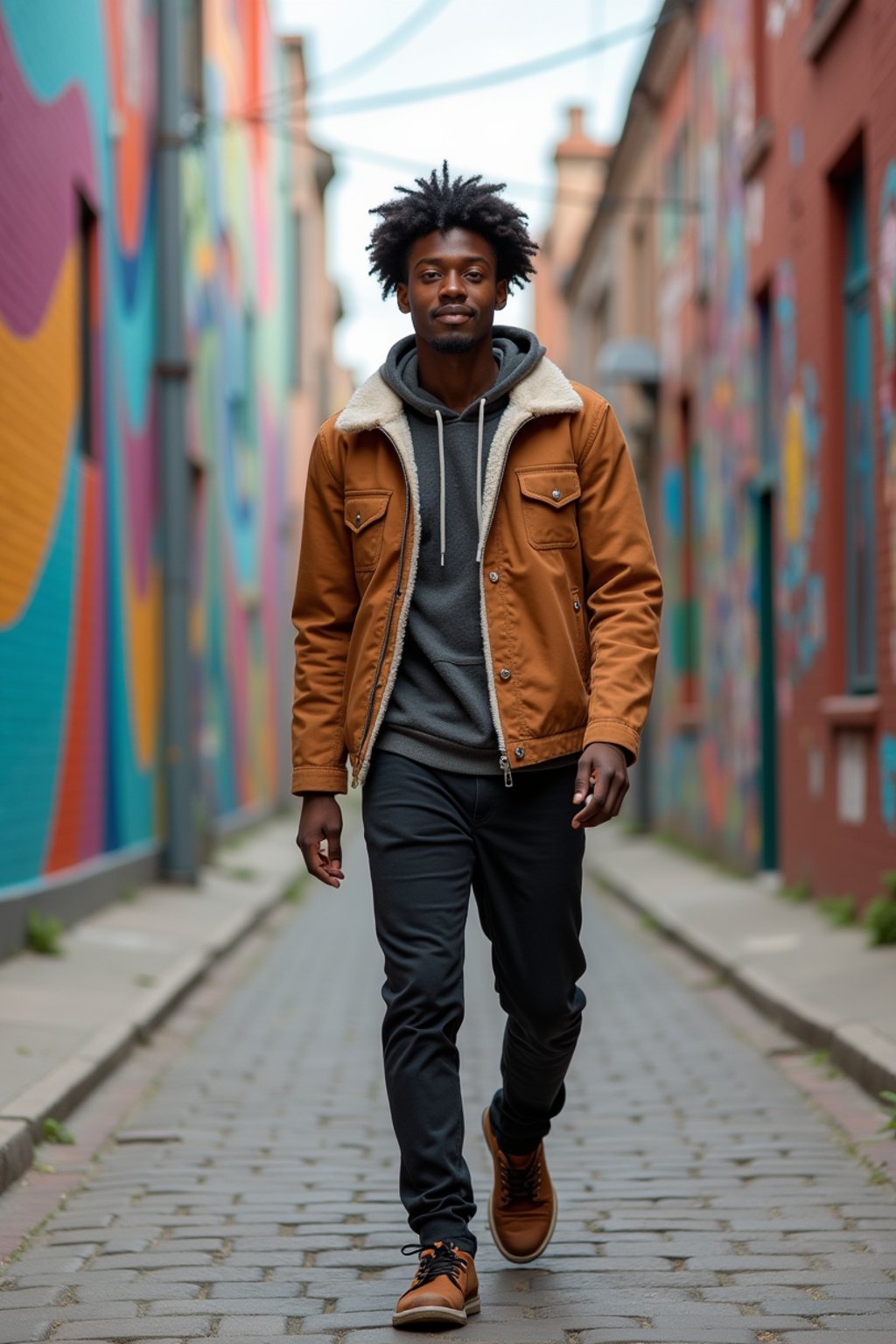 man wearing a trendy outfit, walking down a street lined with colorful murals