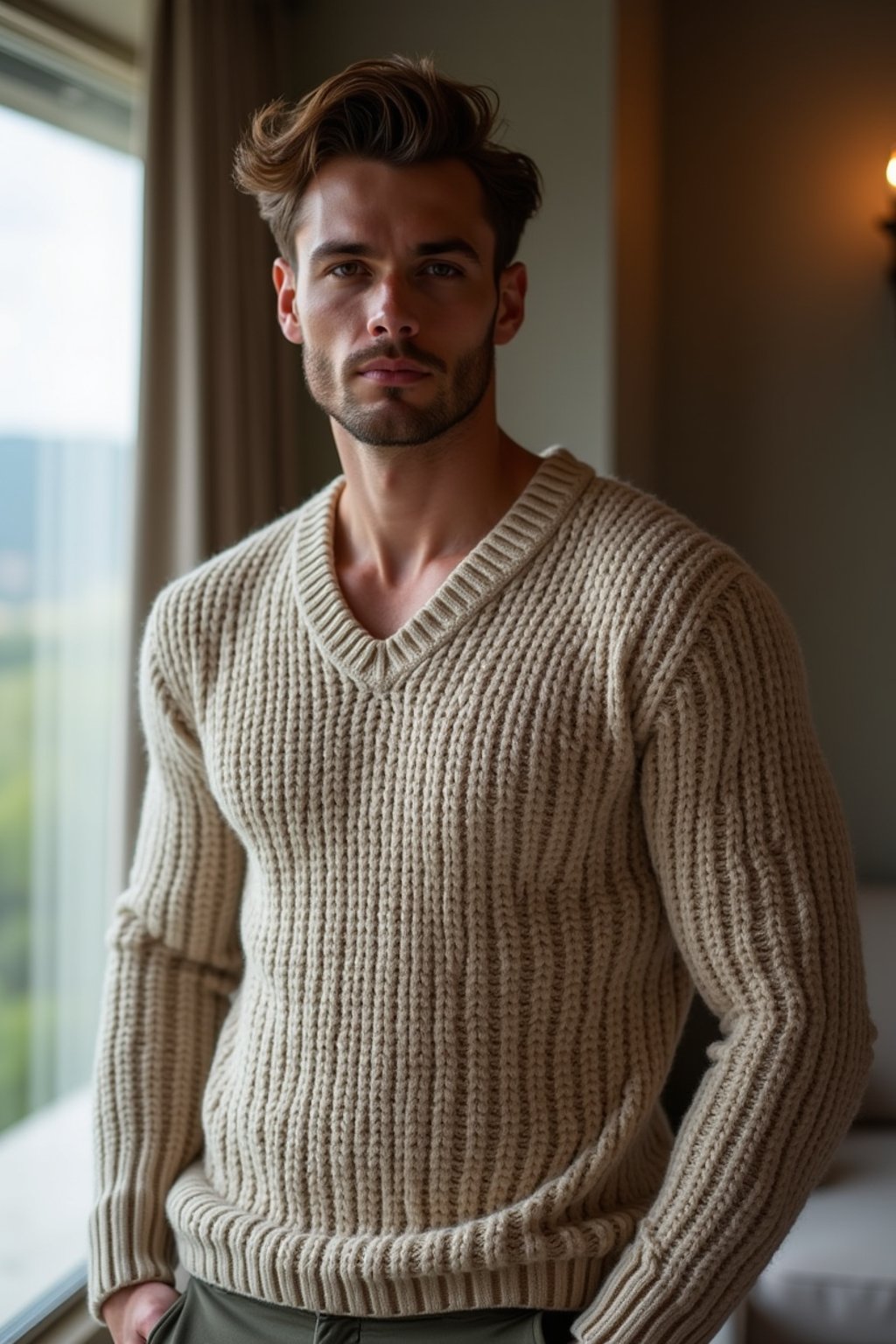 a man wearing knitted sweater) in luxury villa living room, instagram photo, instagram,  fit body