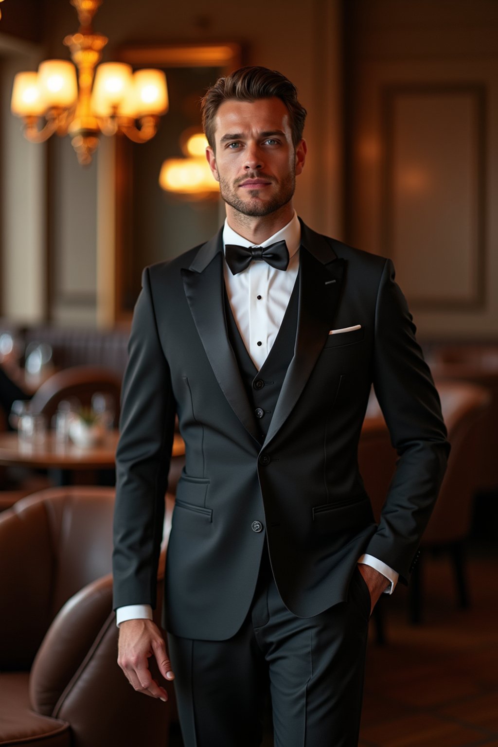 a man wearing  luxurious suit in luxury restaurant, instagram photo, instagram,  fit body