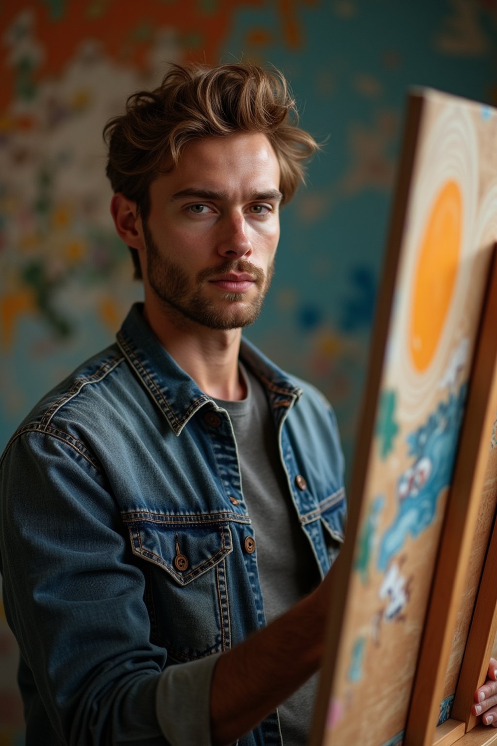 a man as artistic painter in  art studio with wooden easel and paint