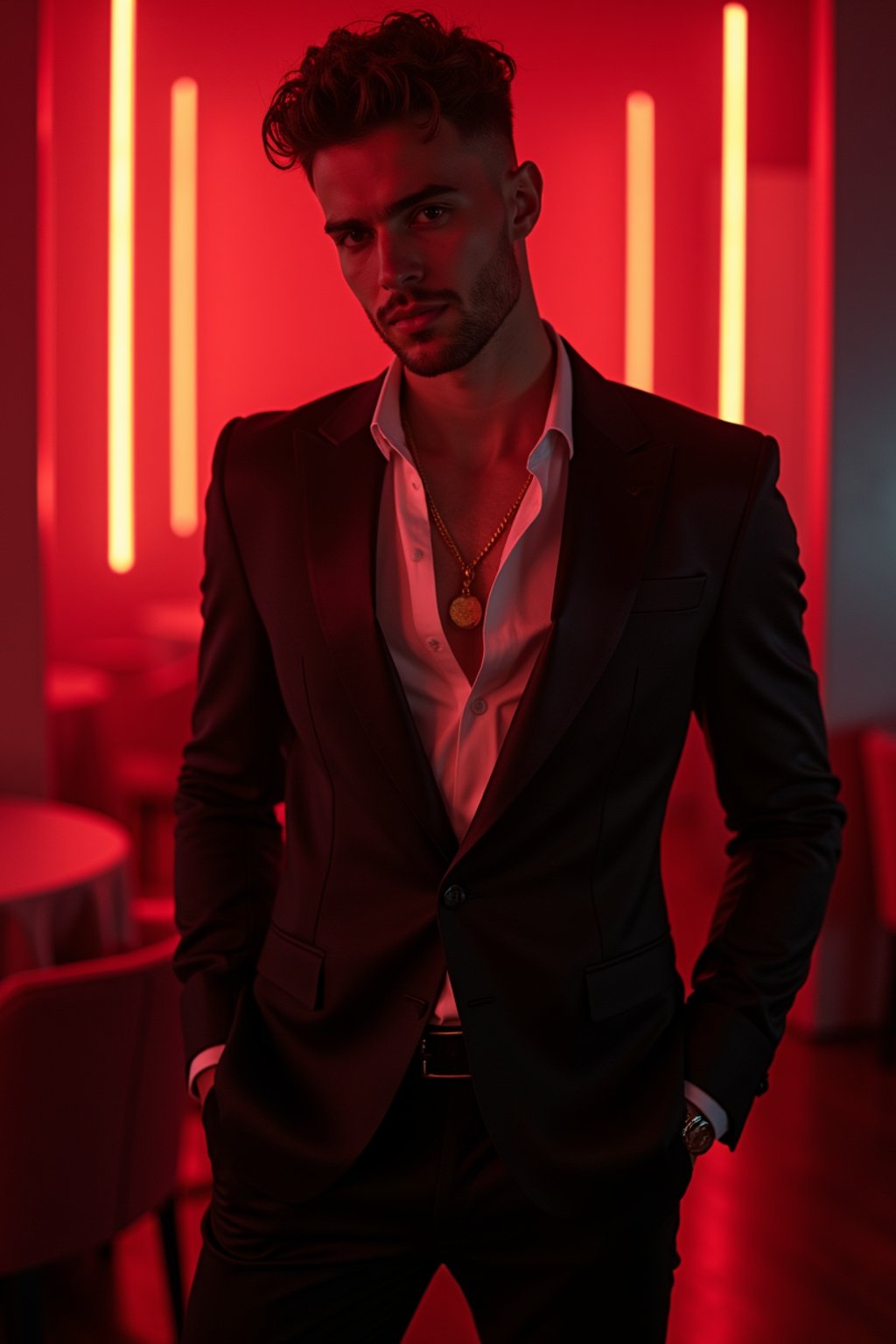 a man wearing  silk suit in night club, instagram photo, instagram,  fit body'