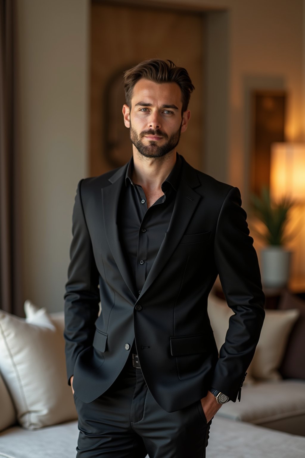 a man wearing  black suit in luxury villa living room, instagram photo, instagram,  fit body