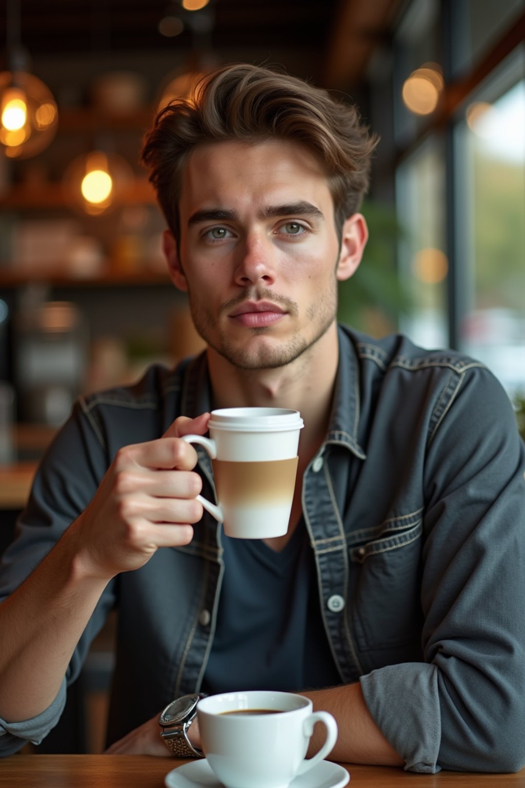 man in a trendy café, holding a freshly brewed cup of coffee