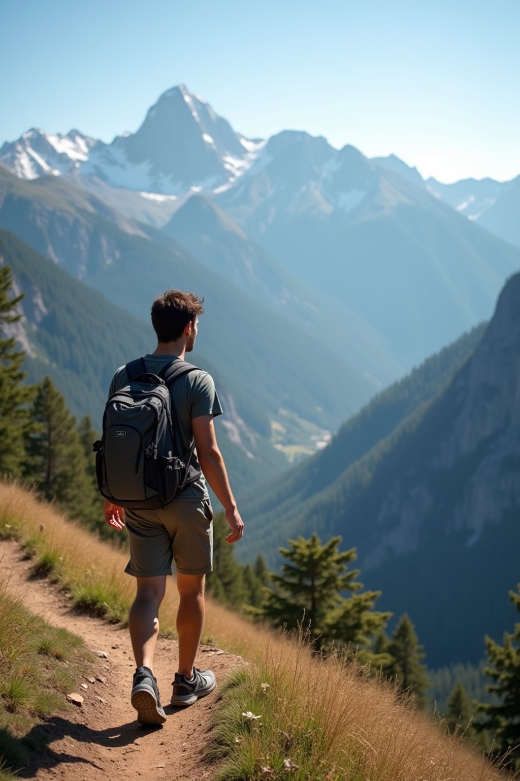 man on a hiking trail, overlooking a breathtaking mountain landscape