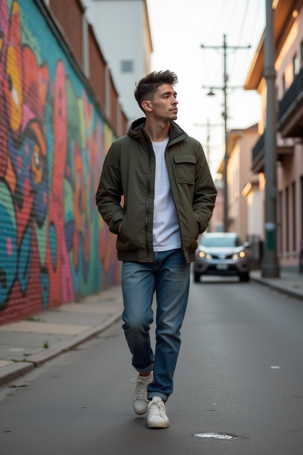 man wearing a trendy outfit, walking down a street lined with colorful murals